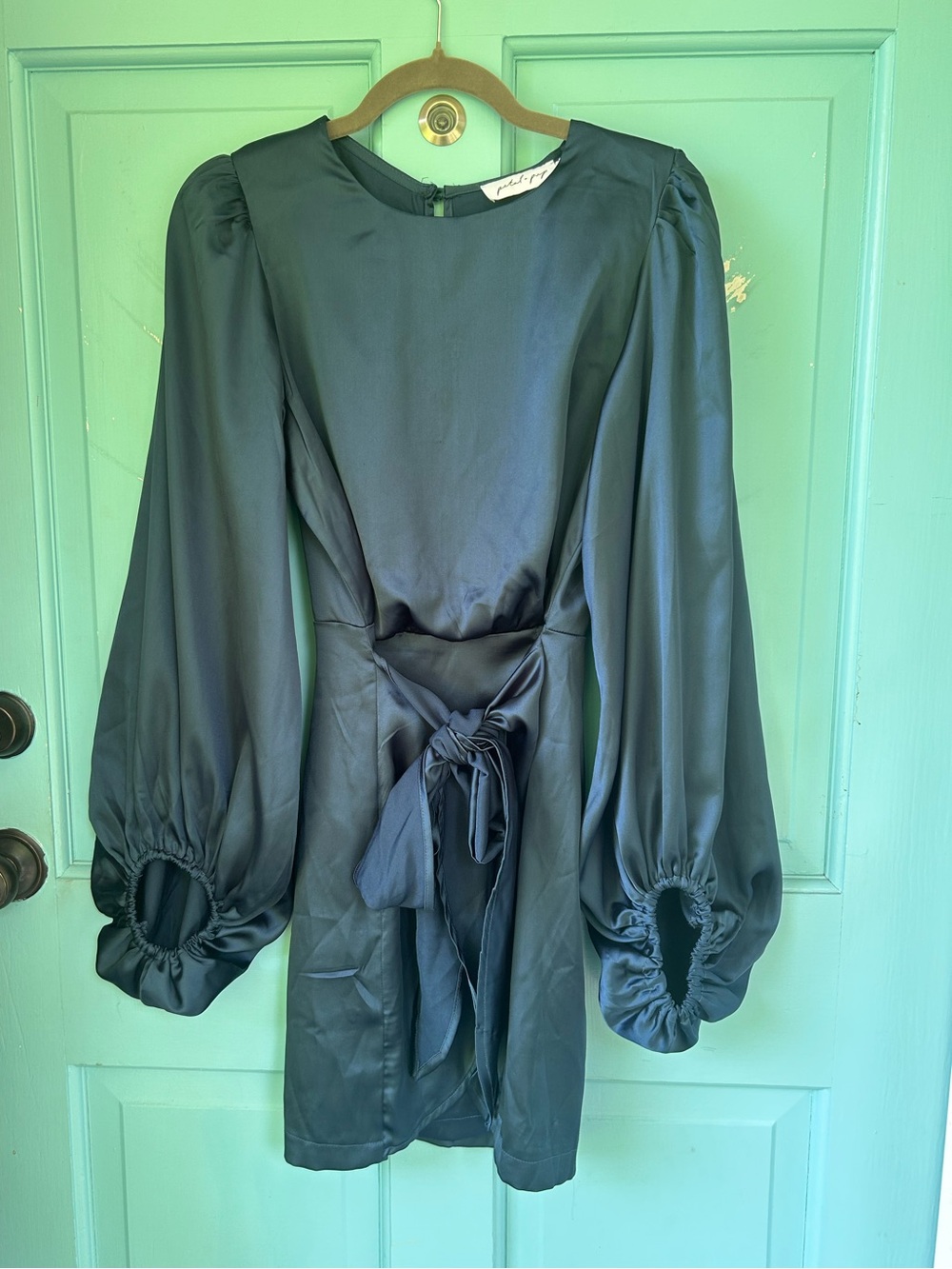 Petal and Pup Evening Tie Waist Long Sleeve Satin Minidress in Safire Blue